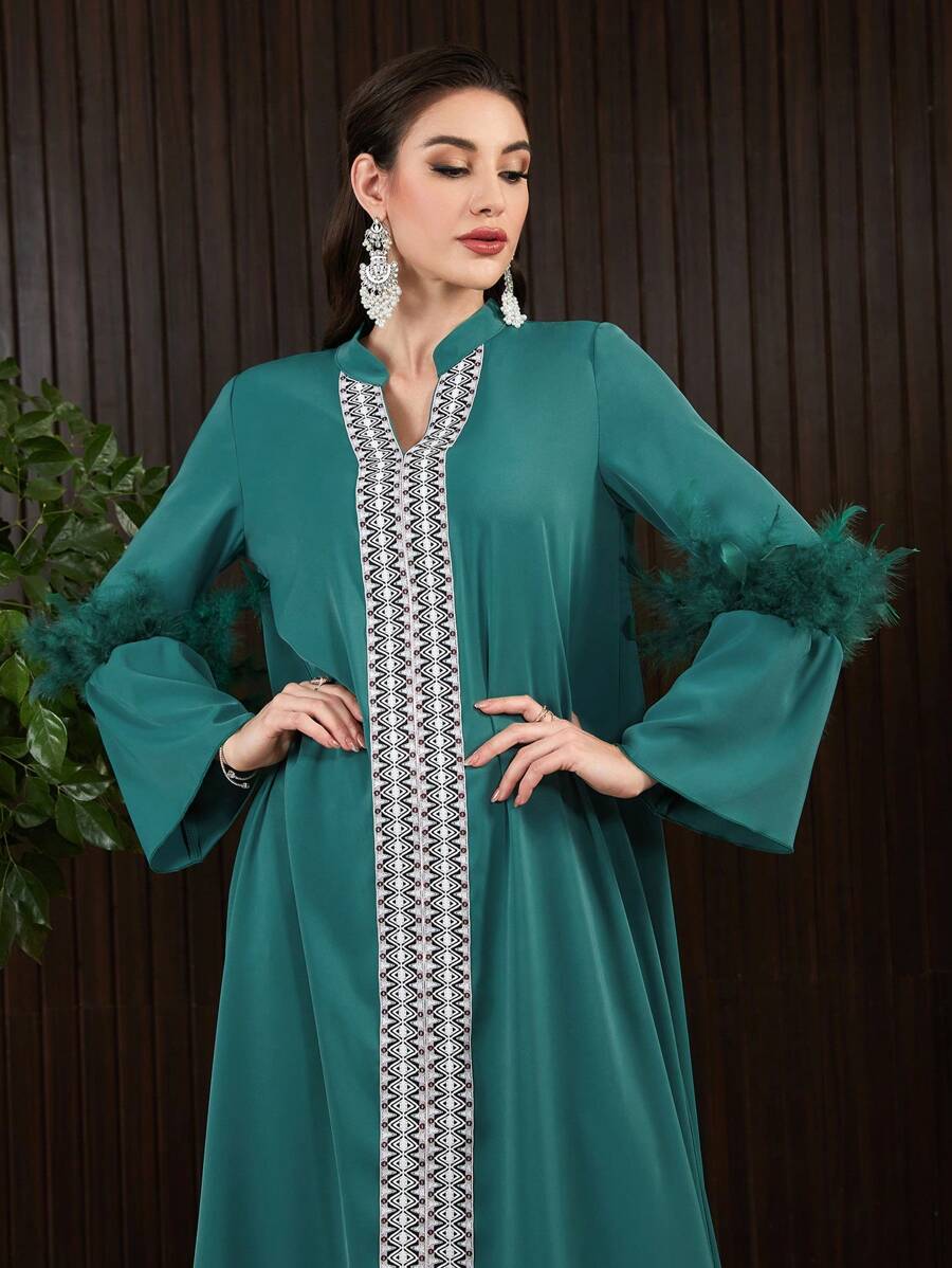 Al Najma Geometric Pattern Notched Neckline Fuzzy Decorated Dress - Green - View 1