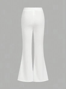 SHEIN Girlism 少女弹性腰带高分裂针织喇叭裤 - 白色 - 查看 2