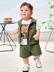 SHEIN Baby Boy's Short Sleeve Bear Print T-Shirt, Vest Outerwear, And Shorts 3pcs/Set - Green - View 6