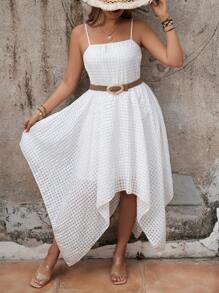 Breezaya Plus Size Solid Color Asymmetrical Hem Spaghetti Strap Dress - White - View 3
