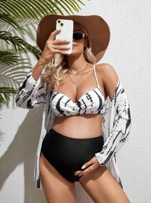 SHEIN Bộ bikini & kimono dành cho bà bầu đi biển mùa hè Tie Dye Spaghetti Strap - Nhiều màu - Xem 1