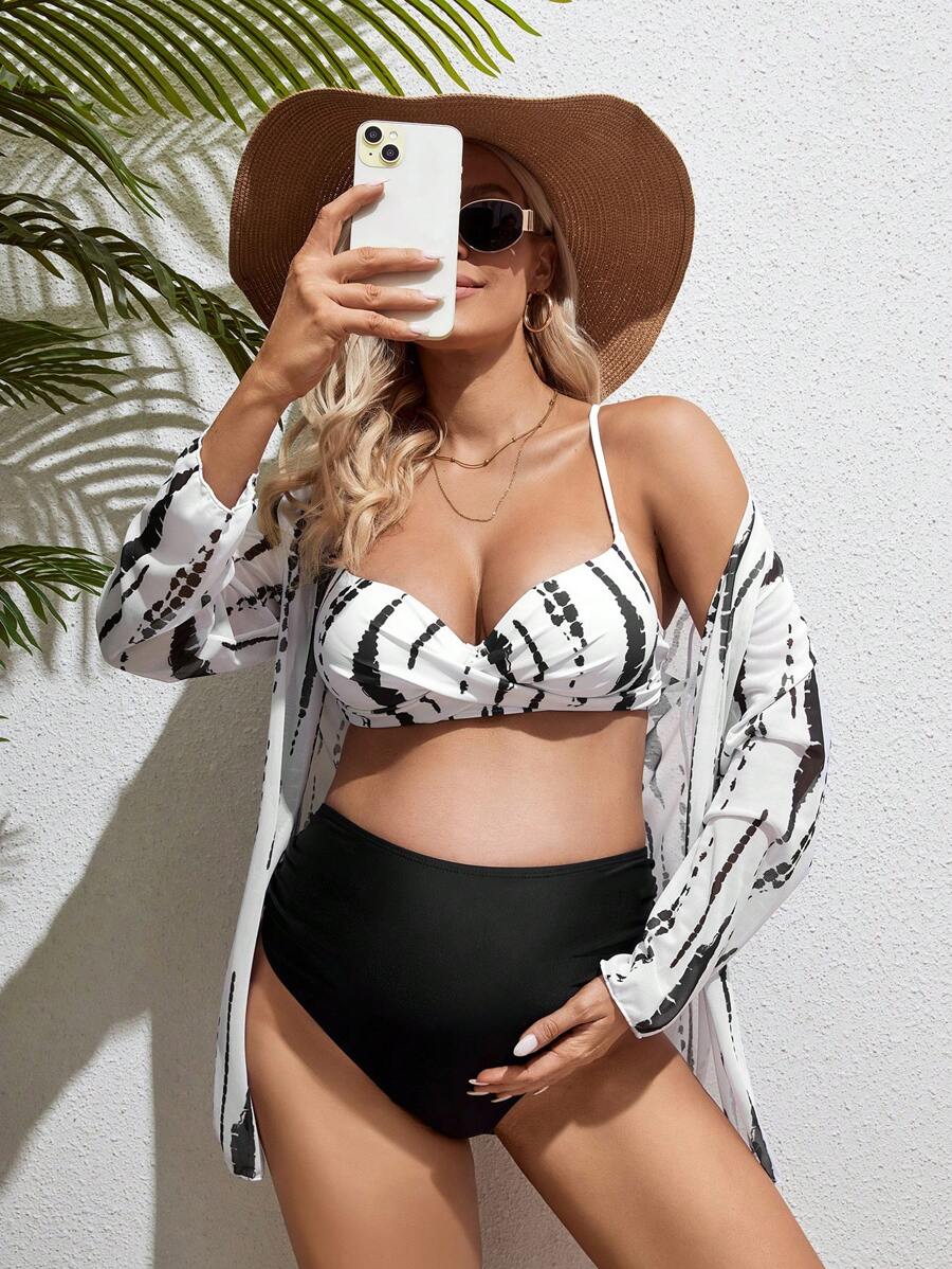 SHEIN Bộ bikini & kimono dành cho bà bầu đi biển mùa hè Tie Dye Spaghetti Strap - Nhiều màu - Xem 1