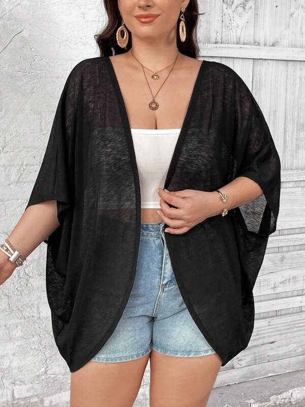 SHEIN CURVE+ Plus Size Solid Color Ribbed Knit Batwing Sleeve Kimono Cardigan For Vacation