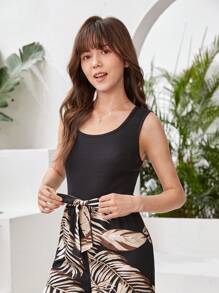 SHEIN Teen Girls' Tropical Print Splice Jumpsuit For Vacation - Black - View 5