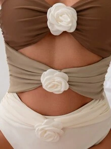 Swim Lushoire Women's 3-Layer Floral Splice Designed One-Piece Swimsuit For Summer Beach Vacation - Multicolor - View 4