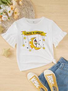 SHEIN تيشيرت قصير أنيق بعنق دائري للفتيات المراهقات، بتصميم كرتوني جذاب وأسلوب أنثوي في الأكمام - أبيض - مشاهدة 1