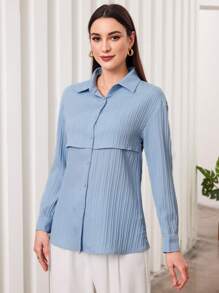 Camisa De Manga Larga Con Textura De Color Sólido - Azul - Ver 6