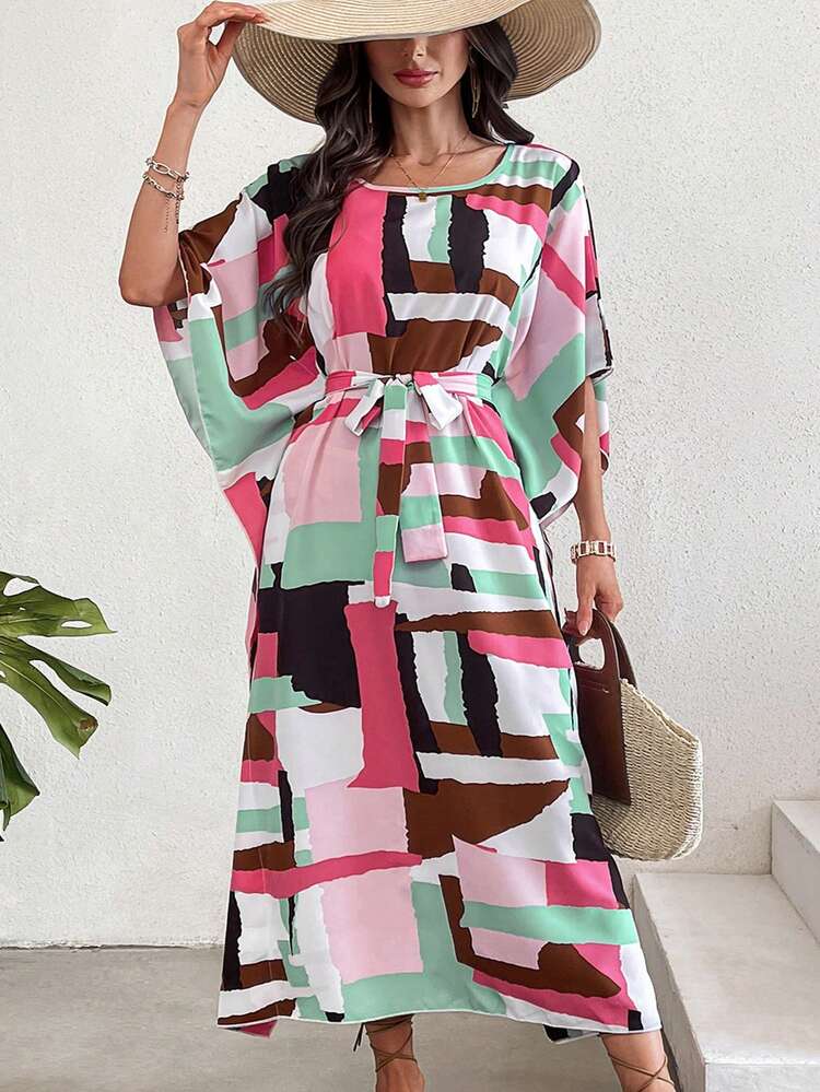 Geometric Print Batwing Sleeve Turkish Tunic Kaftan Jalabiya Dress