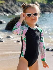 Young Girls' Tropical Printed Patchwork Long Sleeve Front Zipper One Piece Swimsuit For Spring/Summer - Multicolor - View 4