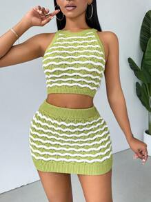 Zolique Wave Pattern Raglan Sleeve Top & Skirt Set - Green - View 1