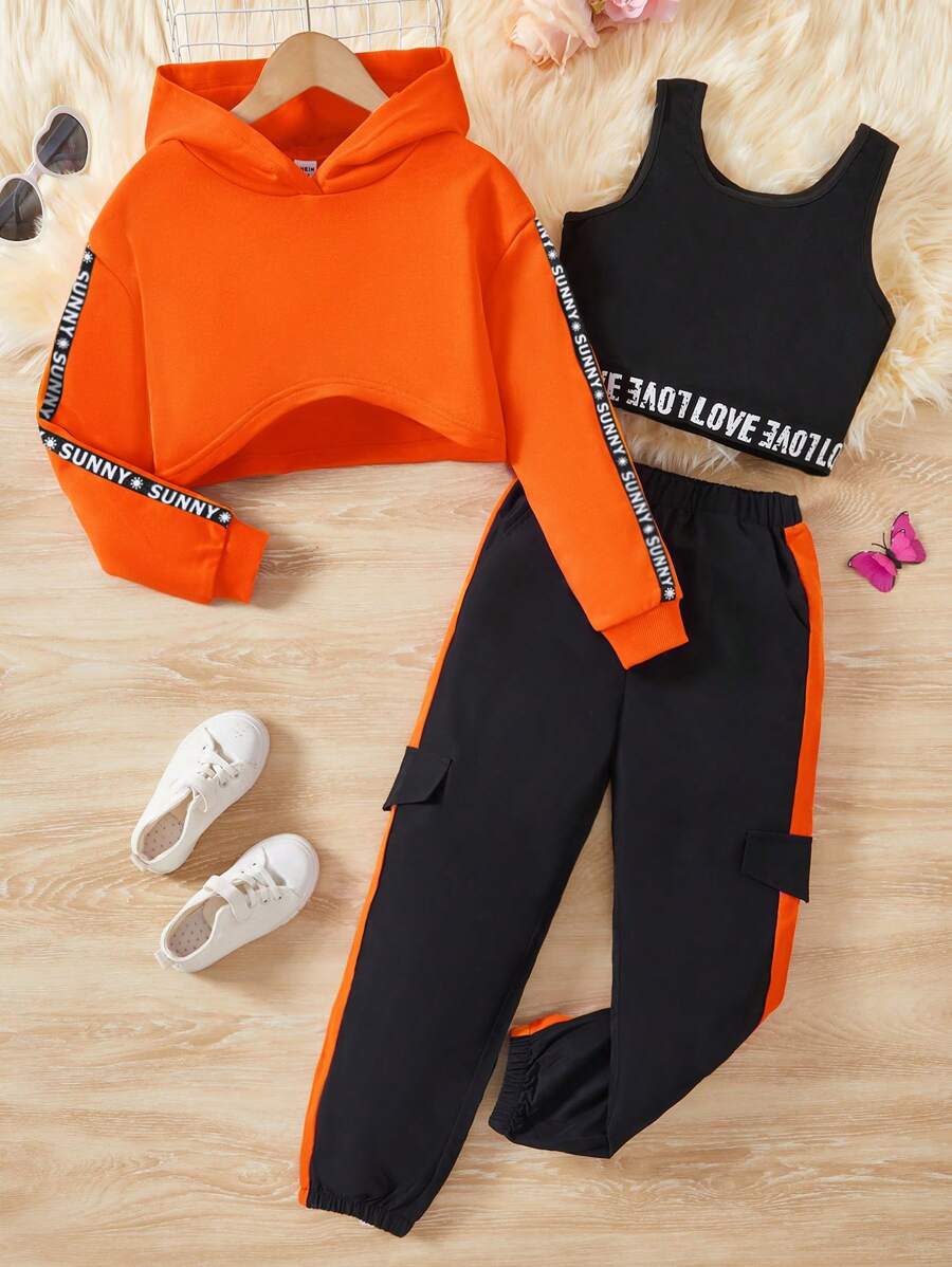 Sparklyn 適用於少女的字母條紋連帽衫、背心和工裝褲套裝