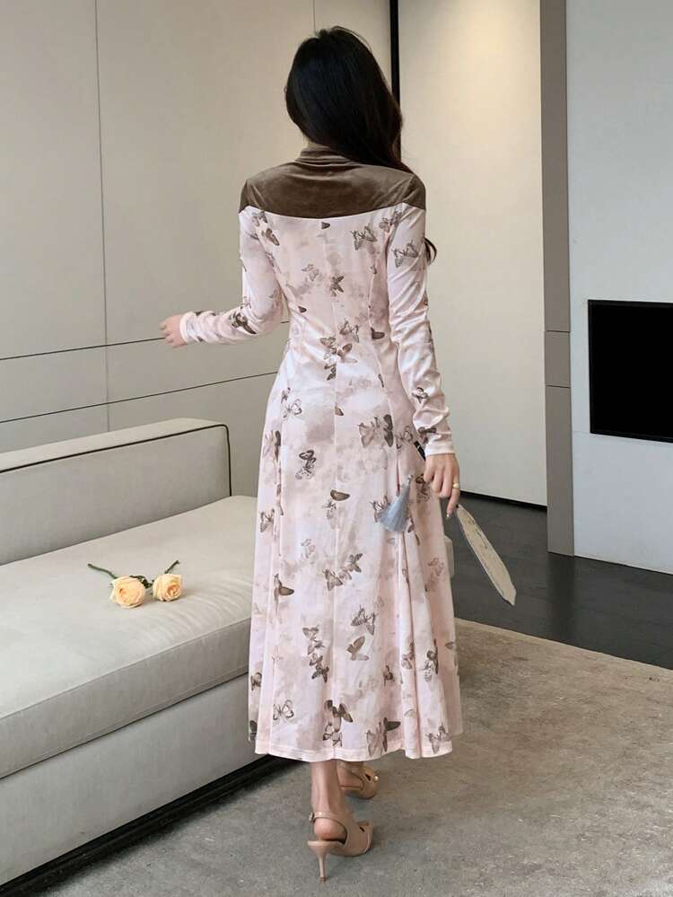 Butterfly Print Color Blocking Long Sleeve Dress, Fall Dress