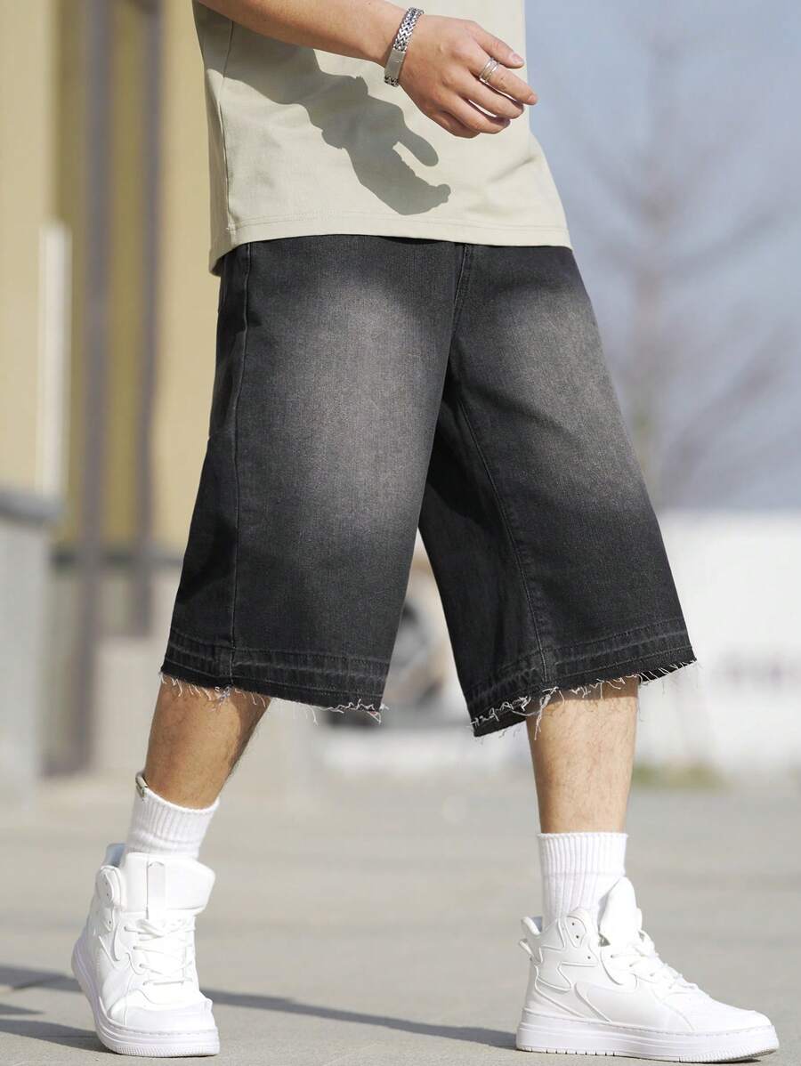 Manfinity Homme Pantaloni scurți din denim, cu tăiere lejeră, bărbați, pantaloni largi, negru, ieșiți în oraș Vintage Friends