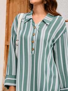 Seusyu Women's Striped Half Button Placket Dress - Green - View 6
