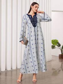 Al Najma 幾何圖案拼接蕾絲連衣裙 - 藍色 - 查看 6