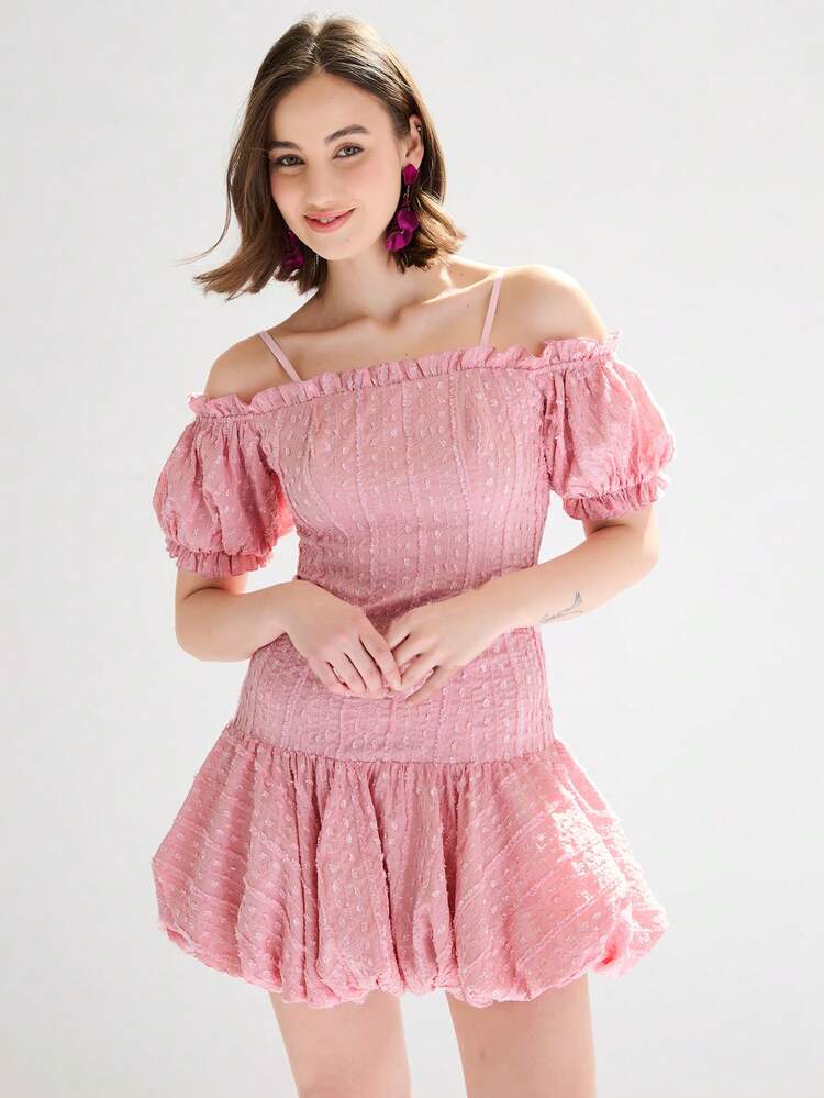 Ladies' Swiss Dot Cold Shoulder Puff Sleeve Bubble Hem Dress, Summer Dress