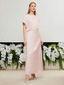 MOTF PREMIUM WOVEN WOMEN'S SOLID PLEATED BATWING SLEEVE DRESS WEDDING GUEST DRESS WOMEN - Pink - View 6