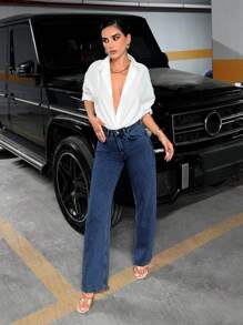 SHEIN PETITE Women's Straight Leg Jeans - Aquarius Blue - View 5