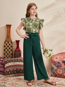 SHEIN Leap Crew Tween Girls' Loose Fit Casual Round Neck Short Cap Sleeve Top And Wide Leg Pants Set With Waist Belt - Green - View 4