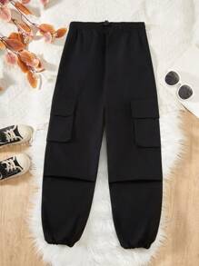 Teen Boys' Cool Solid Color Parachute Pants With Pockets - Black - View 1