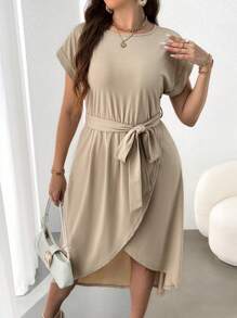 Flirla Plus Size Women's Batwing Sleeve Dress With Asymmetrical Hem - Apricot - View 4