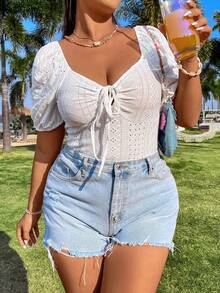 Flirla Kích thước lớn Của phụ nữ Ống tay áo Mặt trước Buộc Áo thun - trắng - Xem 6