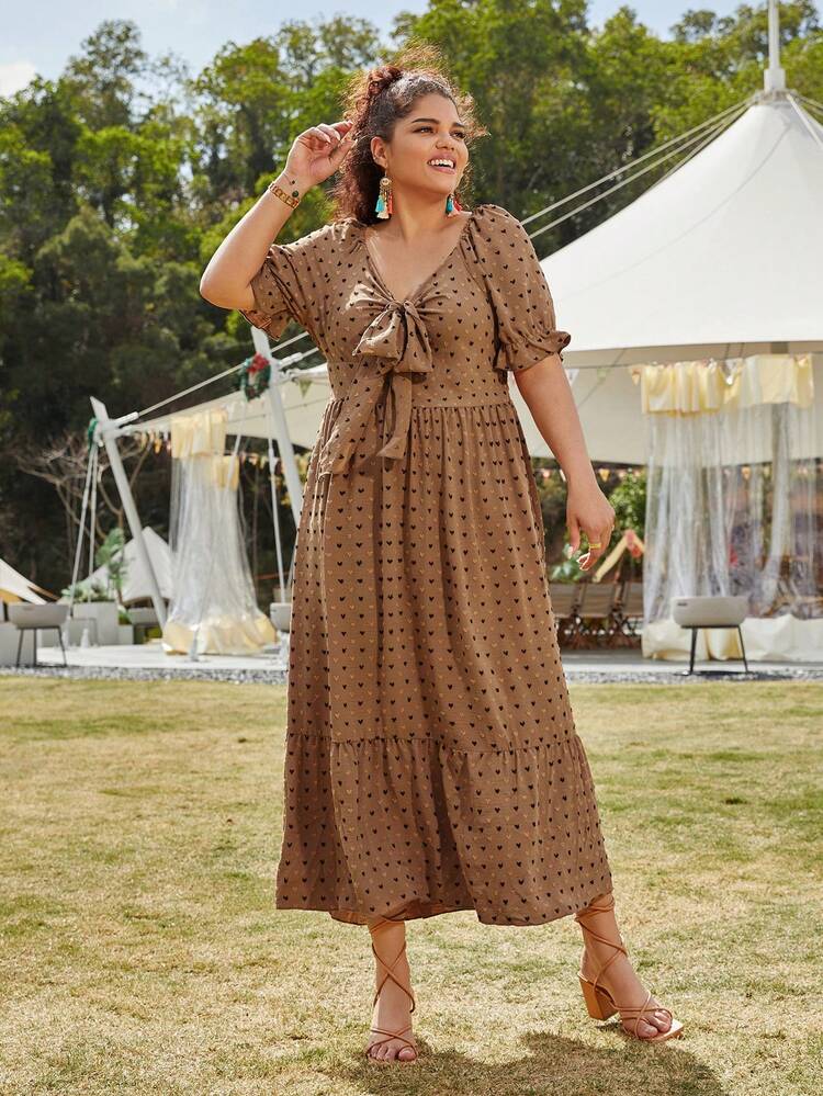 Plus Size Heart Printed Tie Knot Dress