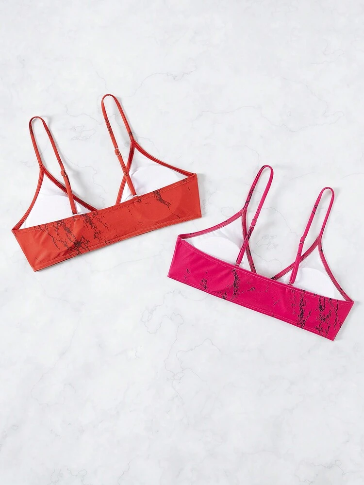 2pcs/Set Women's Marble Print Bikini Top With Spaghetti Straps Summer