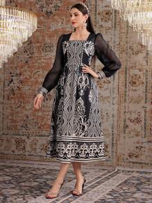 Modelyn Women's Full Print Puff Sleeve Dress - Black - View 7