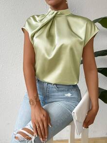 SHEIN Privé Của phụ nữ Màu thuần tay cánh - màu xanh lá - Xem 2