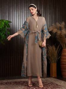 Al Najma Embroidered Notched Collar Batwing Sleeve Dress, Modest Kaftan - Khaki - View 3