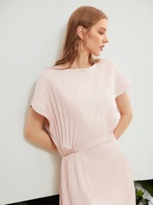 MOTF PREMIUM WOVEN WOMEN'S SOLID PLEATED BATWING SLEEVE DRESS WEDDING GUEST DRESS WOMEN - Pink - View 3