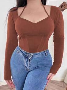 SHEIN CURVE+ Plus Size Solid Color Fishbone Print Compression Long Sleeve T-Shirt
