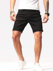 Manfinity Homme 男士基本款實色休閒卷邊牛仔褲 - 黑色 - 查看 5