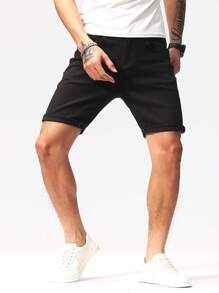 Manfinity Homme 男士基本款實色休閒卷邊牛仔褲 - 黑色 - 查看 6