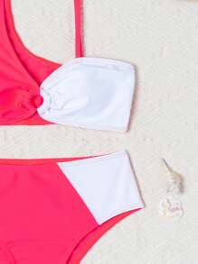 Teen Girl Two Pieces Color Block Asymmetrical Shoulder Bikini Set Summer Beach