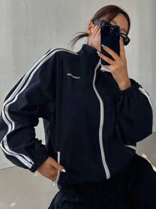 DAZY 女款街頭印花撞色夾克外套,拼接設計 - 藏蓝色 - 查看 1