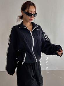 DAZY 女款街頭印花撞色夾克外套,拼接設計 - 藏蓝色 - 查看 2