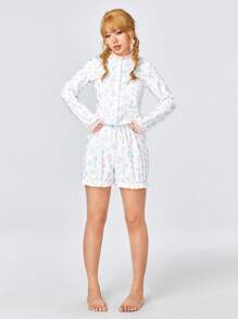 ROMWE Kawaii Casual Heart Shaped Bear Button Up Long Sleeve Top And Shorts Homewear Set For Kids