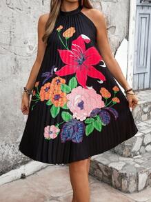 Breezaya Plus Size Boho Floral Print Sleeveless Halter Pleated Dress, For Summer - Black - View 3