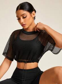 SHEIN Sports 抽绳下摆短款渔网运动卫衣 短款卫衣 圆领女式卫衣 - 黑色 - 查看 5