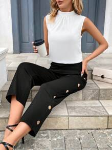 SHEIN Clasi Summer Ladies' Stand Collar Fold Pleated Shirt And Pants Set - Black and White - View 9