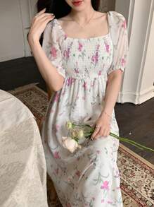 DAZY 女性花卉印花襯衫泡袖短裙,束腰設計 - 彩色 - 查看 7