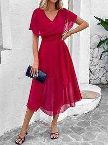 SHEIN Clasi Women's V-Neck Mesh Splice Dress - Red - View 1