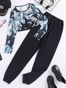 Top De Malla De Manga Larga Con Estampado De Mármol Informal Para Adolescentes, Conjunto De 3 Piezas Que Incluye Top Cami Y Pantalones, Perfecto Para Uso Diario En La Calle