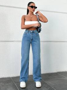 RueChic 松紧腰带轻洗直筒牛仔裤