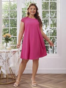 SHEIN Clasi Plus Size Women's Lace Patchwork Fuschia Mini Dress - Hot Pink - View 7