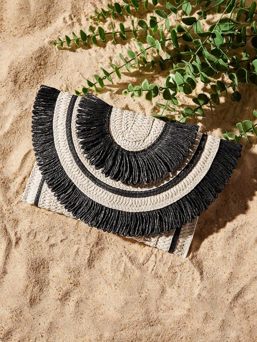 SHEIN SXY Woven Boho Versatile Fashion Color Block Clutch Straw Bag, For Vacation - Black - View 1