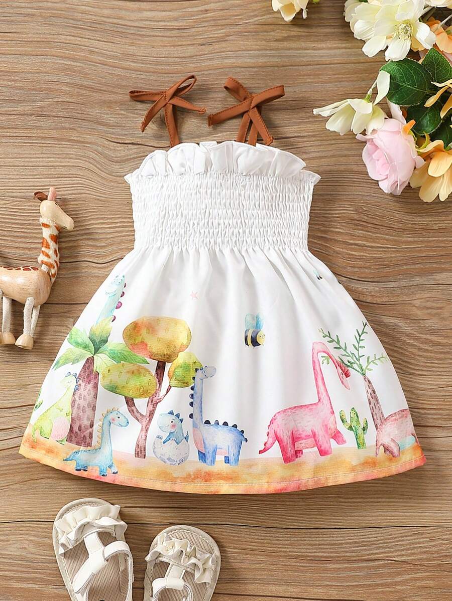SHEIN 嬰兒女孩卡通印花收縮板夏季連衣裙 - 白色 - 查看 1