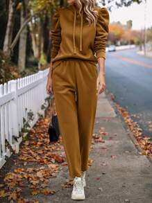 SHEIN LUNE Của phụ nữ Ống tay áo Dây rút Áo nỉ có mũ Và Quần thể thao Bộ - màu nâu - Xem 4